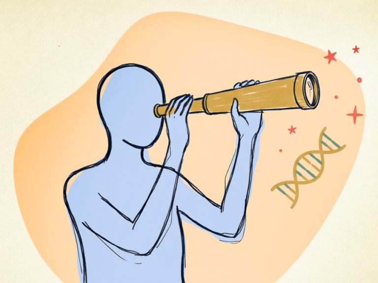 persona mirando con un telescopio a un montón de estrellas y un ADN
